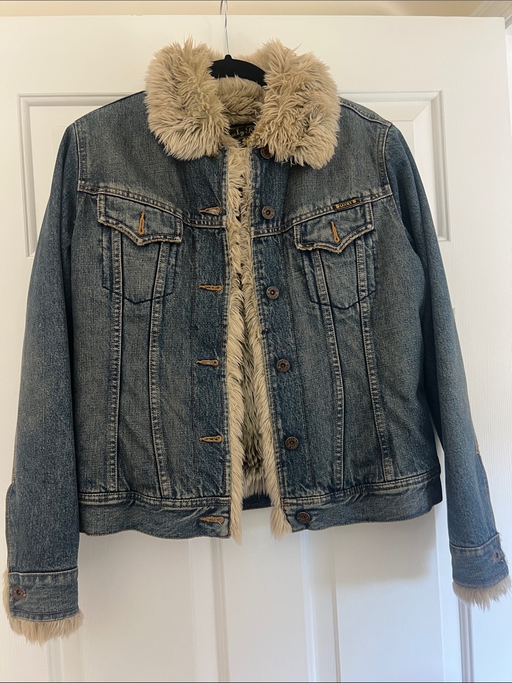 Lucky Brand Blue Denim Jacket with Cream Faux-Fur Trim